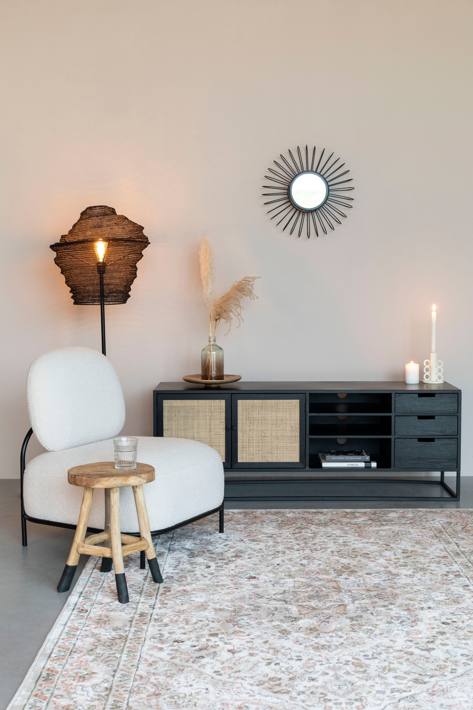 Guuji Black Wood & Natural Rattan TV Unit